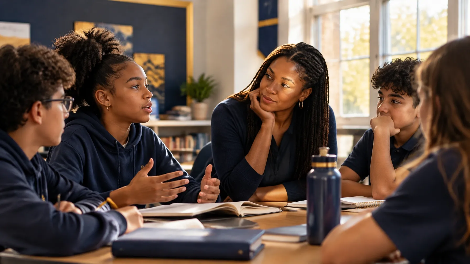 Students participating in a guided classroom discussion